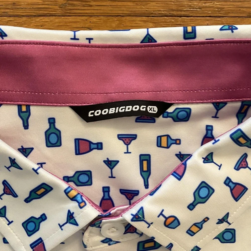 Coobigdog Polo Shirt Mens XL White Cocktail‎ Drink Print Short Sleeve Golf Party - Picture 3 of 9